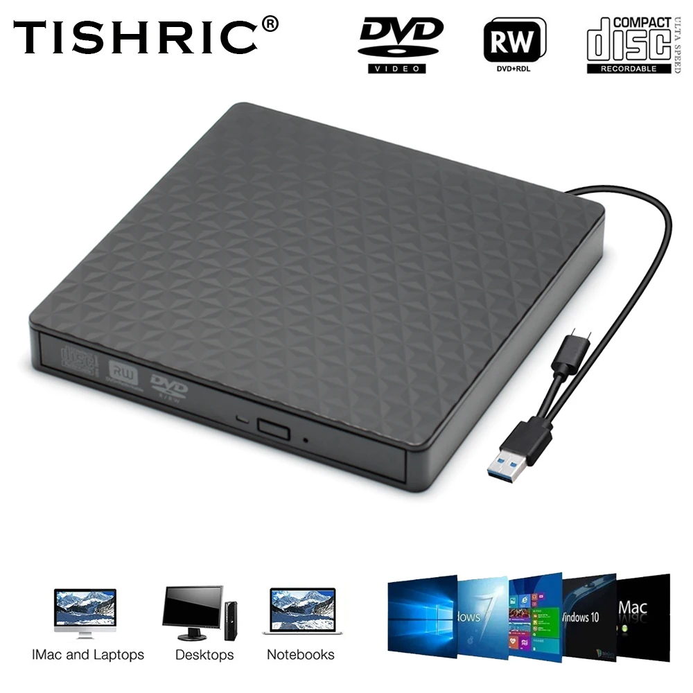 

Внешний привод TISHRIC USB 3.0 Type C, устройство для чтения DVD, CD, дисков, ПЗУ, DVD, RW, записи компакт-дисков для ноутбуков и ПК