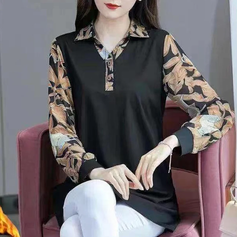 Autumn Winter New Turn-down Collar Long Sleeve Fashion Blouse Women High Street Casual Printing Pullovers Elegant Button Tops