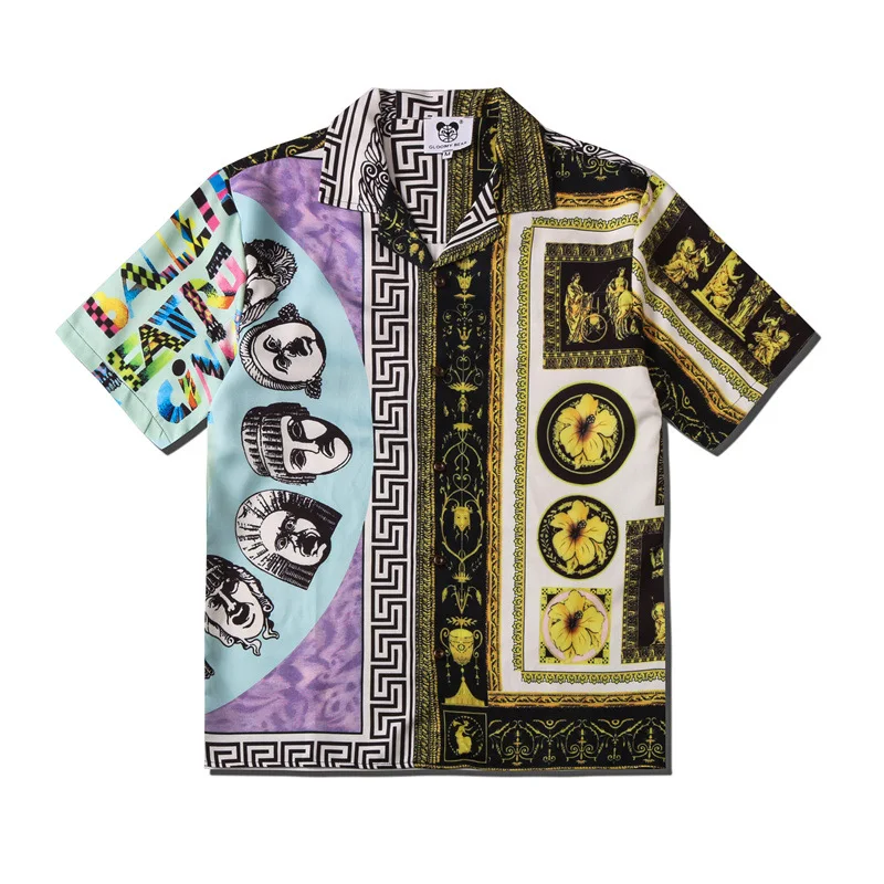 

Fashion Patchwork Short Sleeve Oversized Hawaiian Beach Shirts For Men Summer New Mens Vintage Ethnic Style Print Striped Shirt