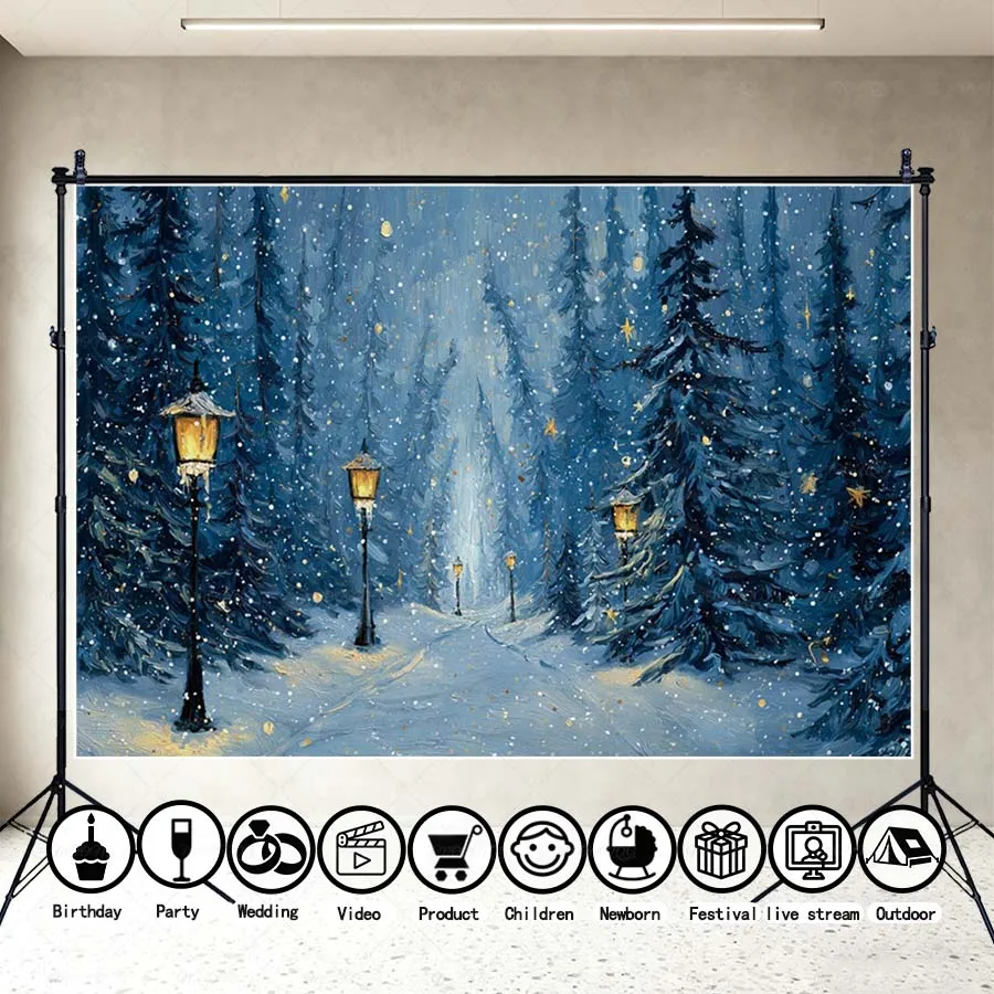 MOON.QG Oil Painting Style Winter Forest Paths Photography Background Path Vintage Street Lamps Backdrop Accessories Shooting