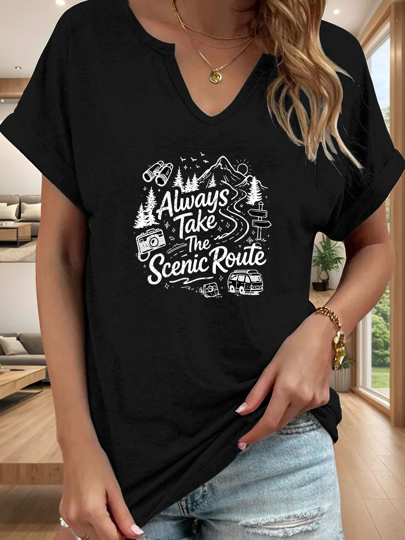 Hand-drawn style mountain camping car print T-shirt, casual and fashionable V-neck rolled-sleeve short-sleeved blouse for women