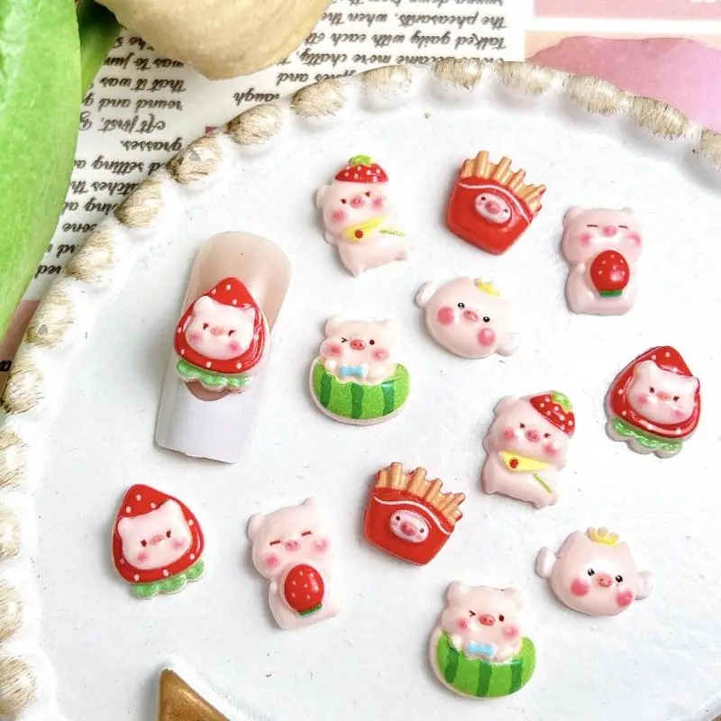 20PCS น่ารัก Powder Blusher Srawberry Piglet เล็บ Charms การ์ตูนแตงโมหมูเรซิ่นตกแต่งเล็บสําหรับ DIY เคสโทรศัพท์เล็บ