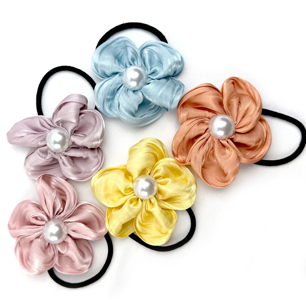 Girls Silk Floral Rubber Band Satin Pearl Flower Hairband Hair Circle for Children Hair Tie Kids Ponytail Holder Baby Scrunchie