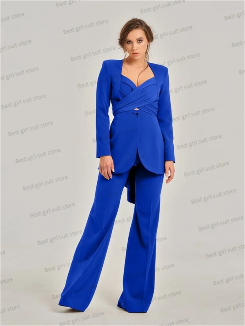 Royal Blue Women Suit Set Blazer+Pants 2 Pieces Prom Dress Lace Up Sexy Hollow Party Jacket Coat Full Sleeves Tailored Made