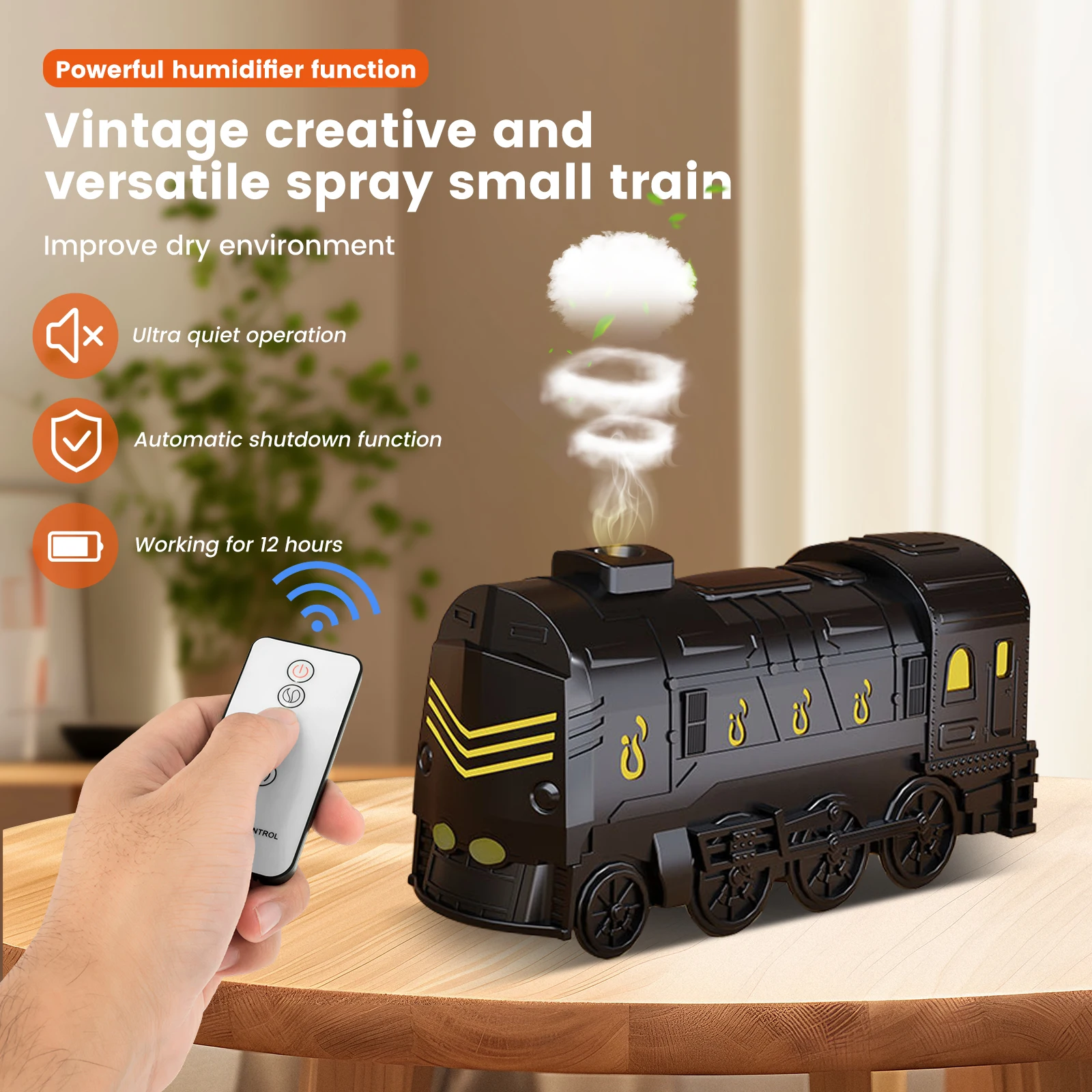 Steam Train Essential Oil Diffuser 300ml Ultra Quiet Train Humidifier 2 Misting 2 Lights Mode Auto Off Bedroom Desktop Ornaments