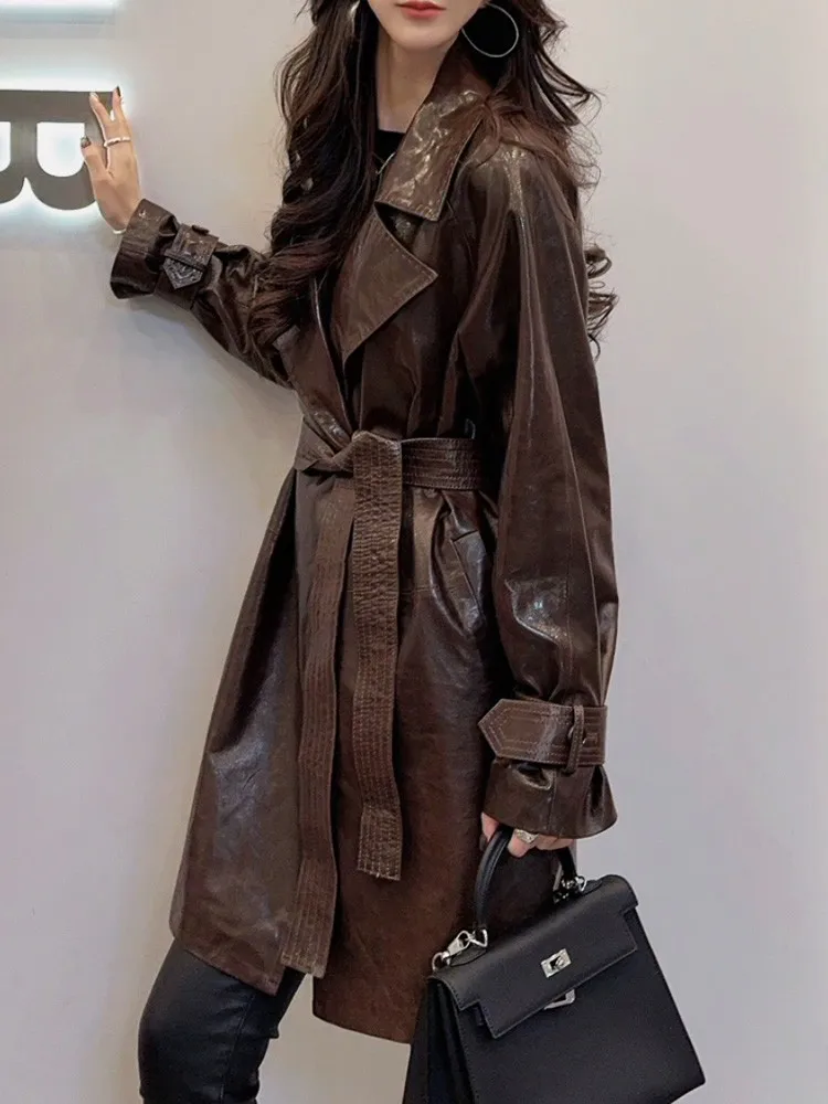 Cappotto da giacca in vera pelle di lusso da donna chic in stile coreano Cappotto da giacca a vento con colletto dentellato medio lungo Capispalla in vera pelle di pecora