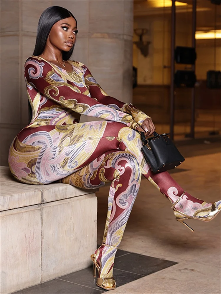 

Cutenew Colorful Print Jumpsuit Women Fashion O-Neck Full Sleeve 2026 Spring Trend Sexy Stretch Slim Street Clubwear Overall