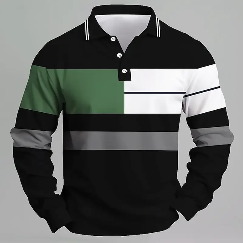 European and American Men's Polo Shirt Long Sleeved Color Blocked Zipper T-shirt Top