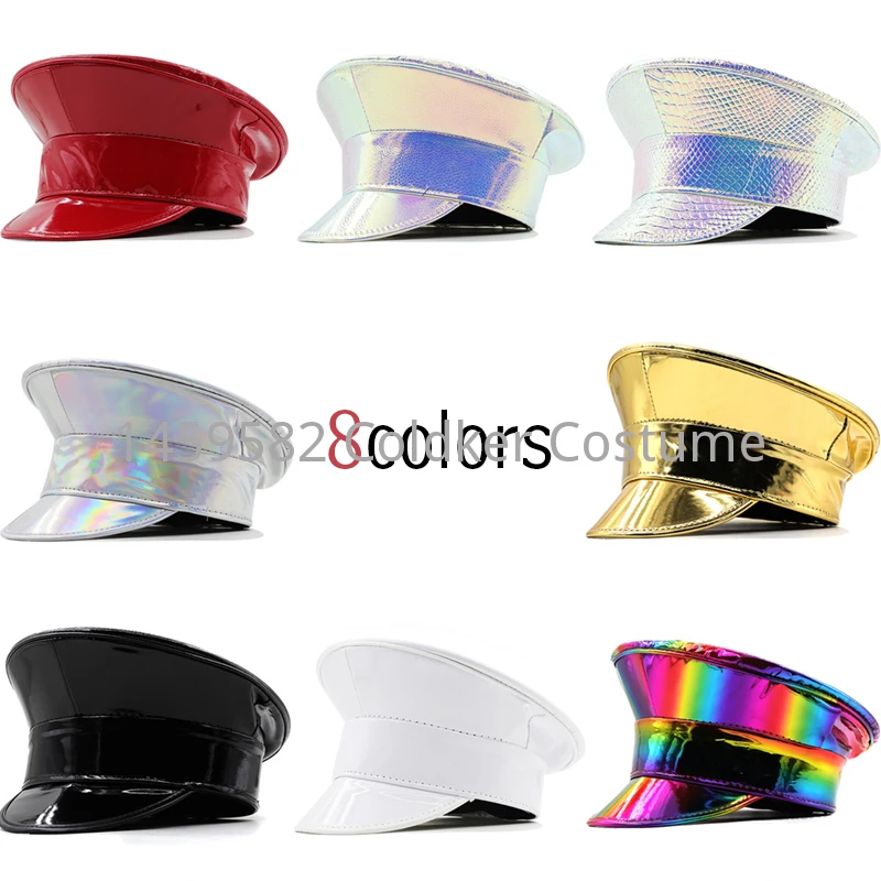 Unisex Patent Leather Military Hat Germany Officer Visor Cap Army Hat Cortical Police Cap Prom Performance Party Singer Hat