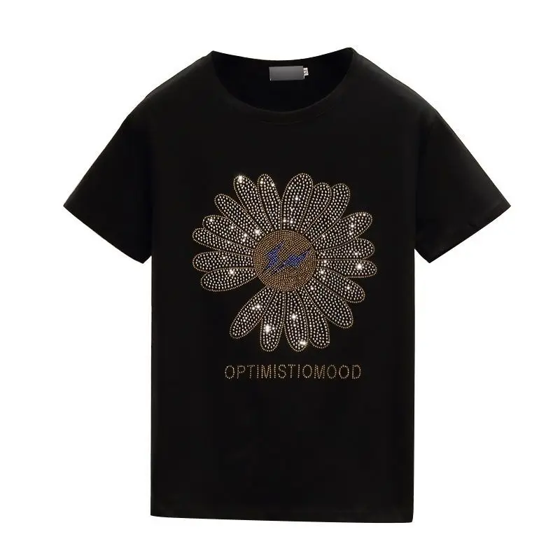 New Fashion Ins Hot Rhinestone Loose T-shirt Women 2023 Summer Small Daisy Short Sleeve Sun Flower Cotton Tshirt Top