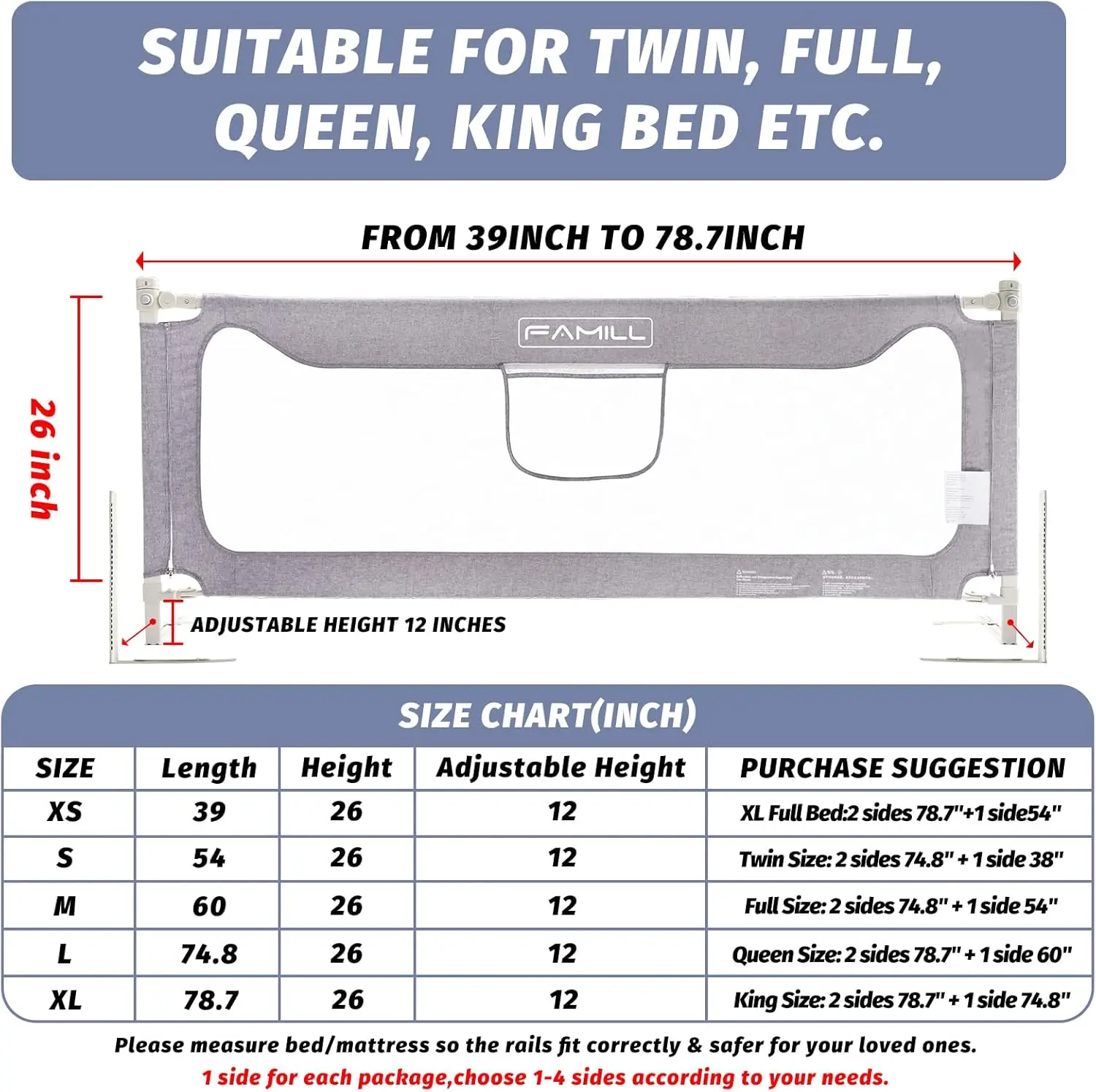 Bed Rails for Toddlers,Toddler Rail，Baby Rail Guard，Kids' & Guards,Bed Guard Queen King Twin Kid, Full Size Extra Length 54"-78.