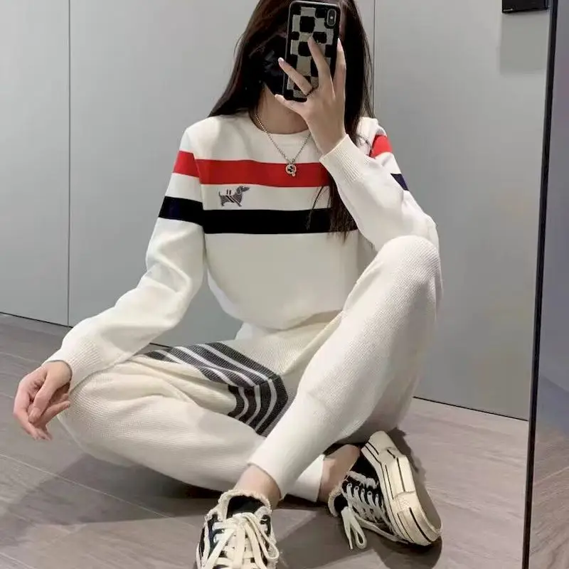 Streetwear Puppy Decal Knitted Pant Sets Korean Two Piece Sets Women Harajuku Striped Sweaters+Casual Pants Women's Tracksuit