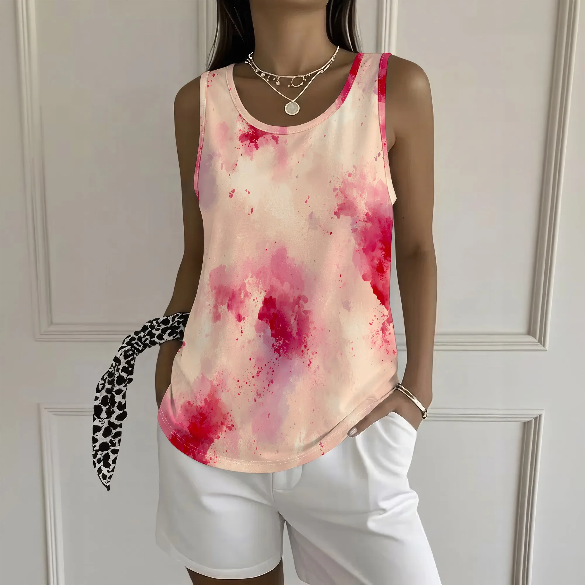 Watercolor Tank Top, Pink Abstract Print Sleeveless Shirt, Soft Summer Blouse For Women, Beach Vacation Wear, S-2XL
