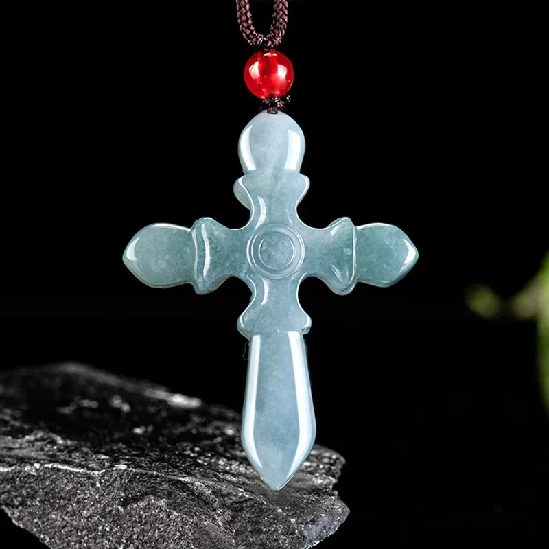 100% Natural A-grade Jadeite Blue Water Pendant Lucky Cross Jade Pendant Jewelry High-end Men's and Women's Jade Pendant Jewelry