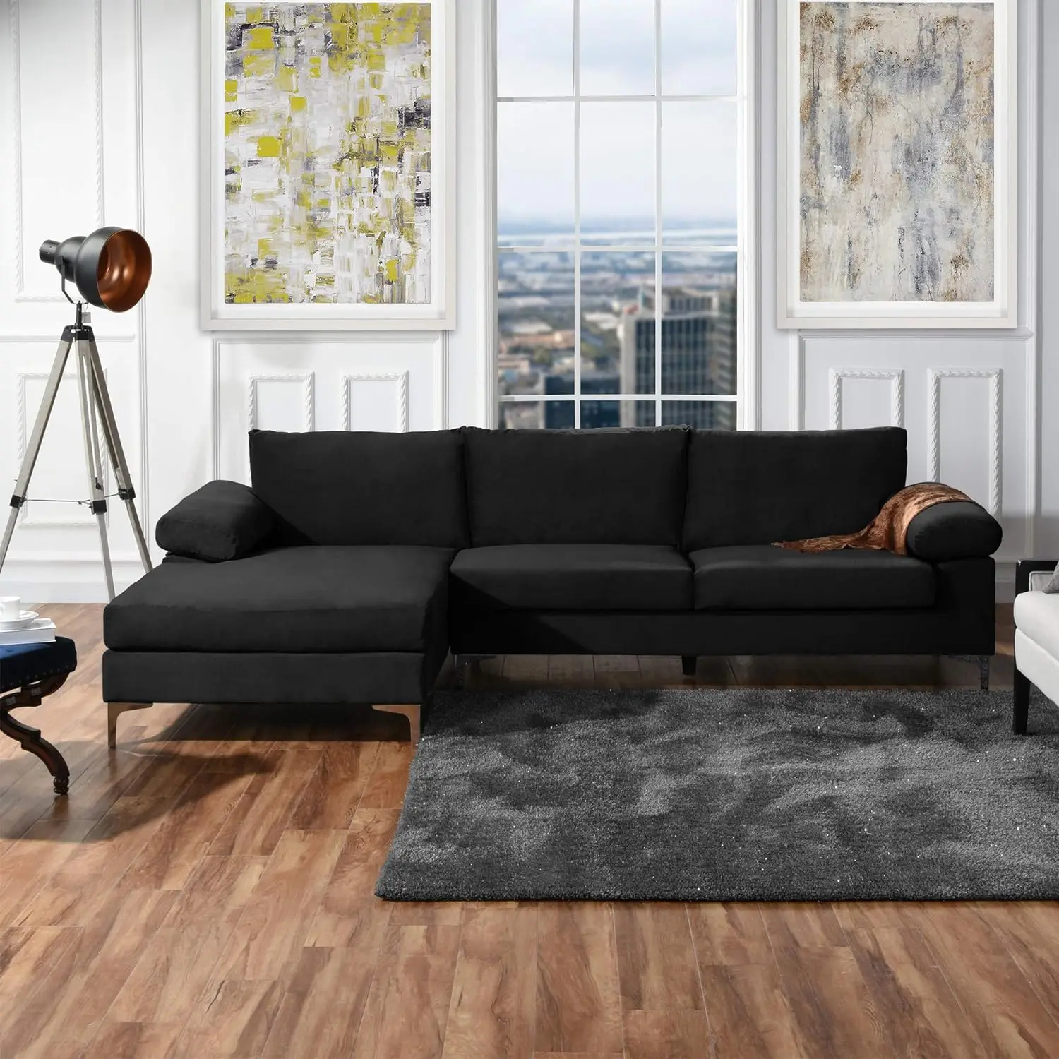 

Modern Large Velvet L-Shape Sectional Sofa, with Extra Wide Chaise Lounge Couch