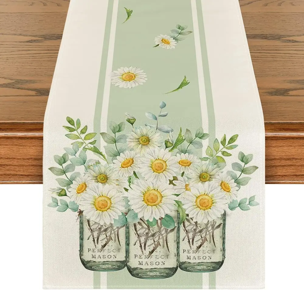 Greenery Eucalyptus Leaves Daisy Vase Linen Table Runner Spring Summer Seasonal Holiday Wedding Party Kitchen Dining Table Decor