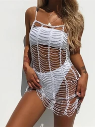Luxury Bling Diamond Rhinestones Hollow Out Tunic Beach Cover Up Cover-ups Beach Dress Beach Wear Beachwear Female Women V4747SW