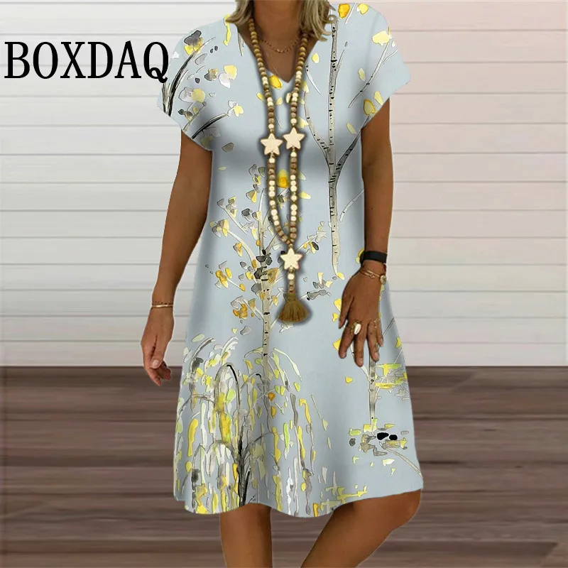 Women Casual Oil Painting Print Dress Vintage Printed V-Neck Knee Length A-Line Dresses Summer Short Sleeve Dresses Plus Size