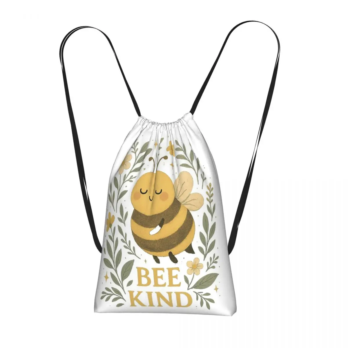 Bee Kind Cute Bumblebee Floral With Gentle Kindness Quote Drawstring Backpack hiking cycling Bag Portable Travel Drawstring Bag