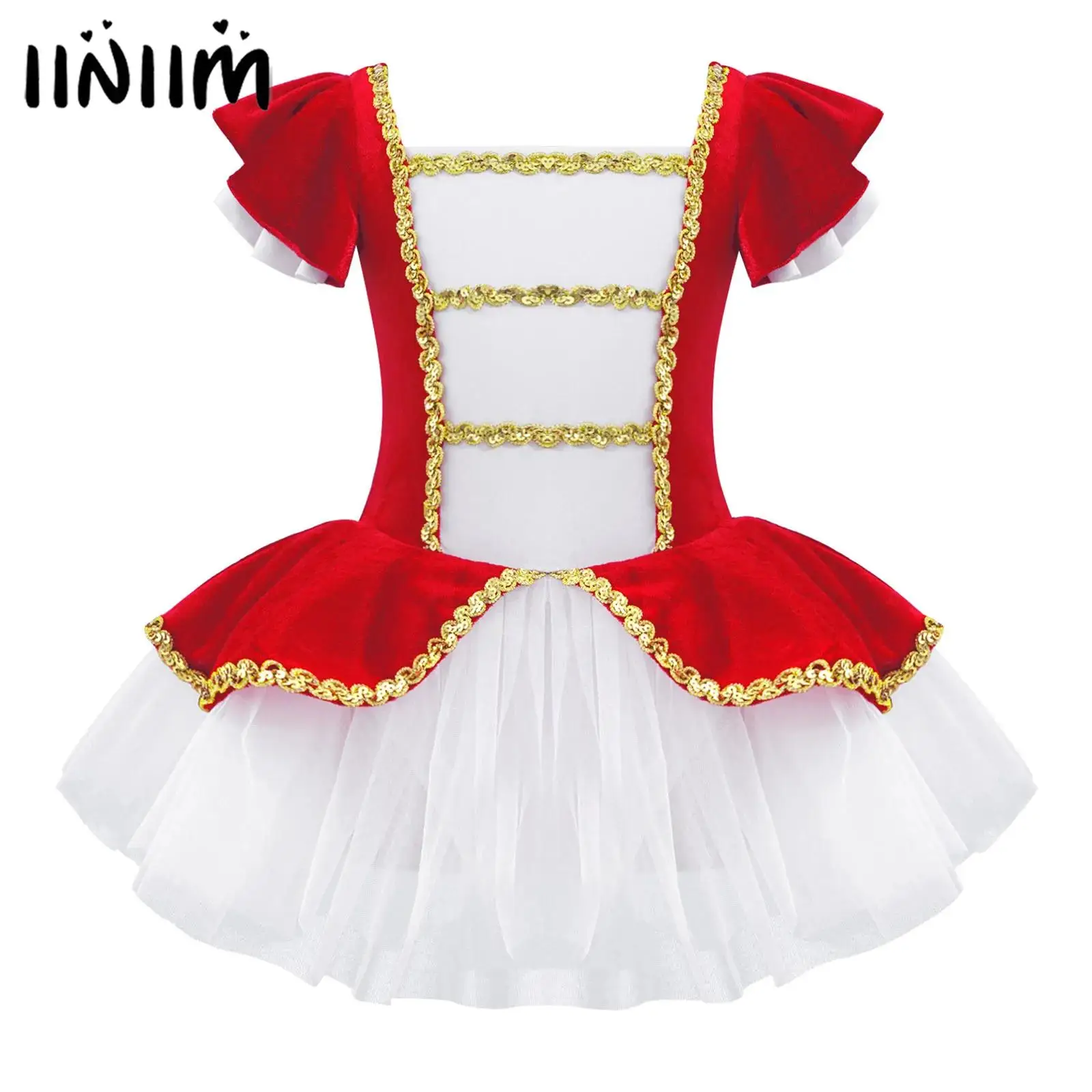 

Kids Girls Candy Cane Fairy Prom Christmas Costume Short Sleeves Ballet Tutu Dance Jumpsuit Dress with Sequins Adorned Mesh Hem