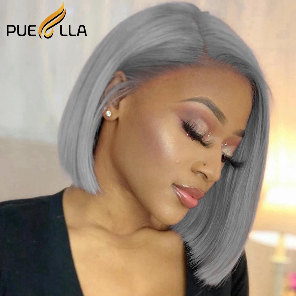 

Grey Colored 13X4 Lace Front Wig Remy Human Hair Short Bob Wigs Preplucked Pixie Cut Transparent Lace Straight Frontal Wigs