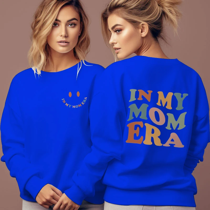 Women Creative Smiling Face Sweatshirt "In My Mom Era" Print Casual Daily Hoodless Pullover Funny Aesthetics Y2K Letter Hoodies