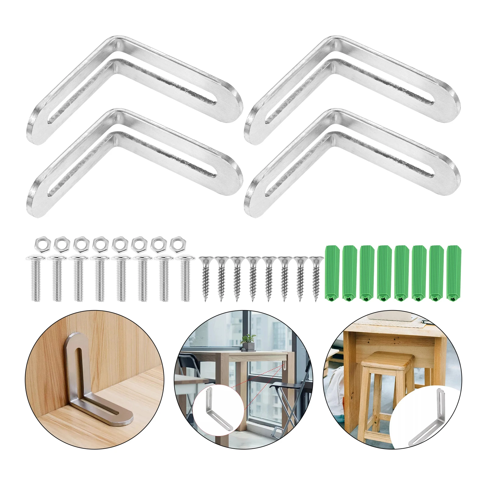 

4Pcs 90° Slotted Corner Braces Stainless Steel Bracket 3 Sizes For Furniture Repair Shelf Bed Frame With Screws Home Hardware
