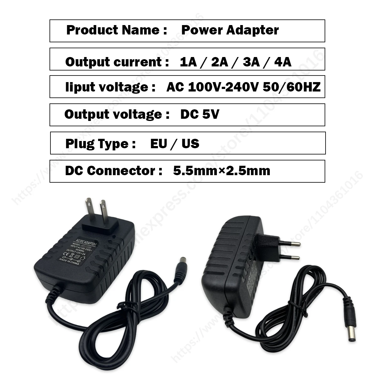 1PCS 5V New AC 100V-240V Converter Adapter DC 5V 1A 2A 3A 4A  Power Supply EU US Plug DC 5.5mm x 2.1mm