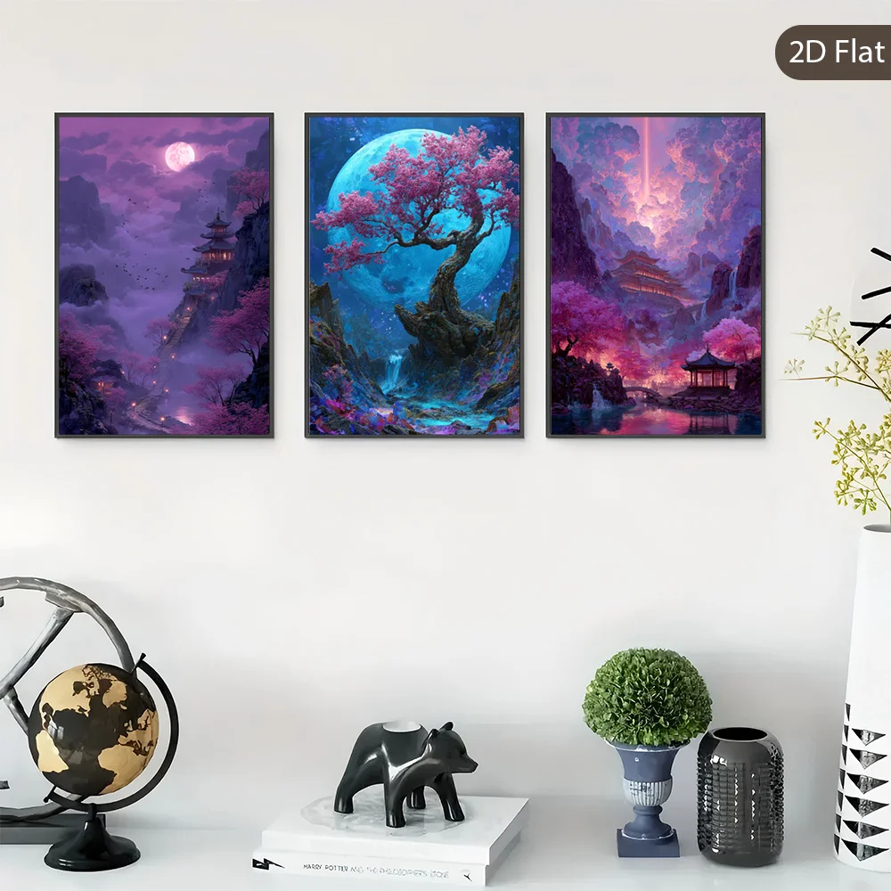 2D Flat, 2D Flat, Set of 3 Unframed Fantasy Landscape Artworks, Canvas Prints of an Ancient Temple, Cherry Blossom Artwork, S
