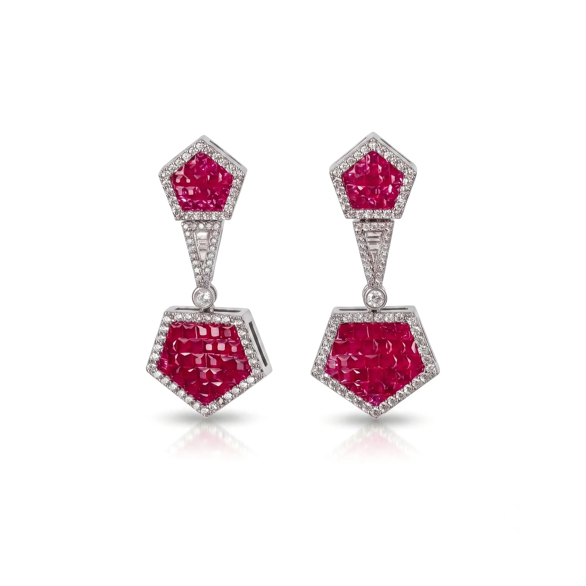Art Deco Geometric Gold Plated Brass Drop Earrings Princess Cut Artificial Ruby Double Hexagon Jewelry for Women Wedding