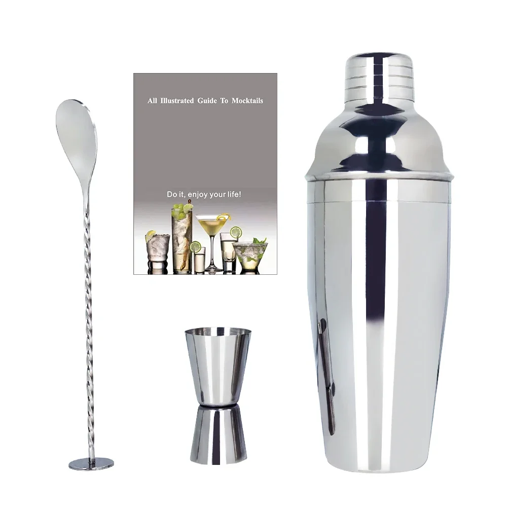 3PCS/Set 750cc 304 Stainless Steel Cocktail Shaker, Bartender Kit, Bartending Bar Shaker Tool Jigger, Spoon with Cocktail Recipe