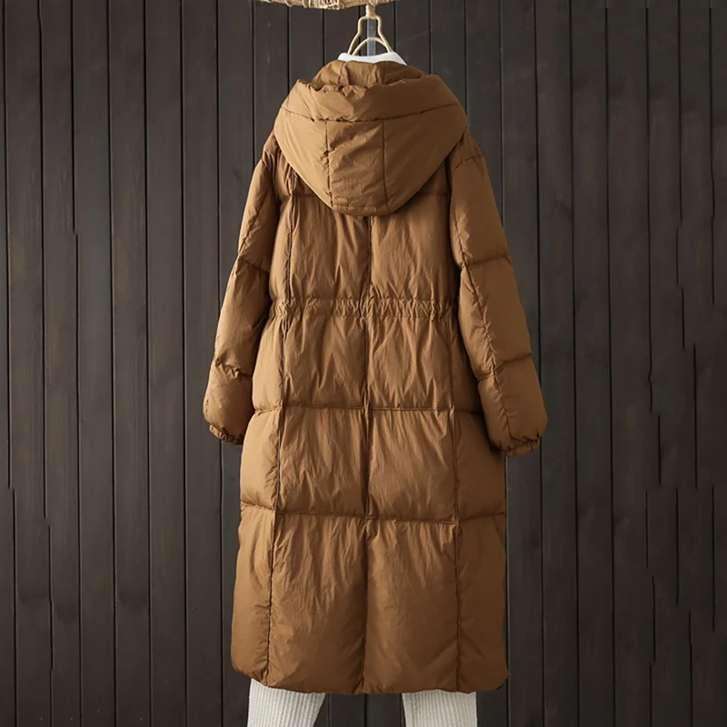 Schinteon Women White Duck Down Long Jacket Casual Loose Autumn Winter Outwear with Hood Warm Coat Big Pockets 2026 Korean Style