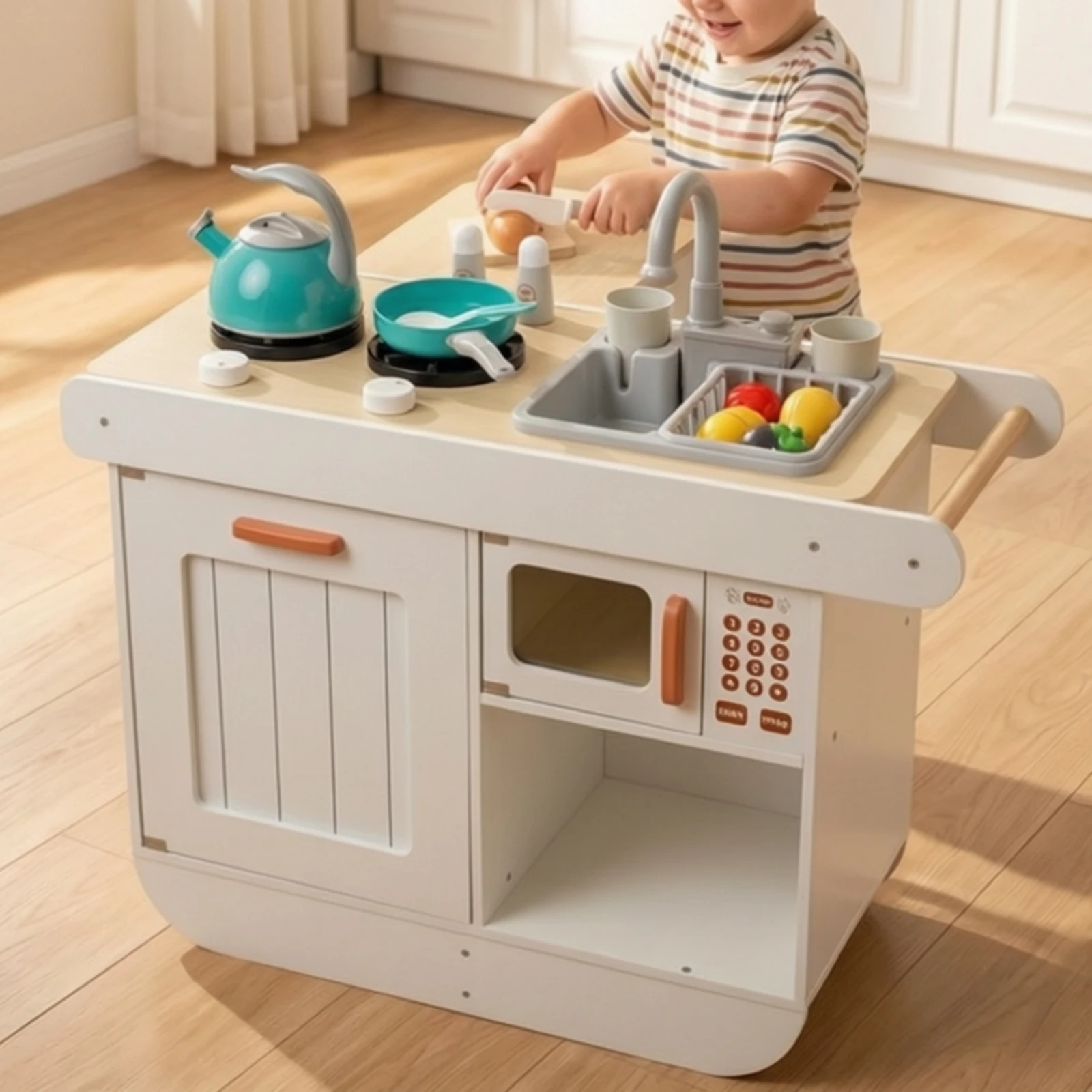 Wooden Play Kitchen with Accessories Compact Toy Kitchen Set with Play Food Pretend Cooking Unit with Sink Educational Immersive