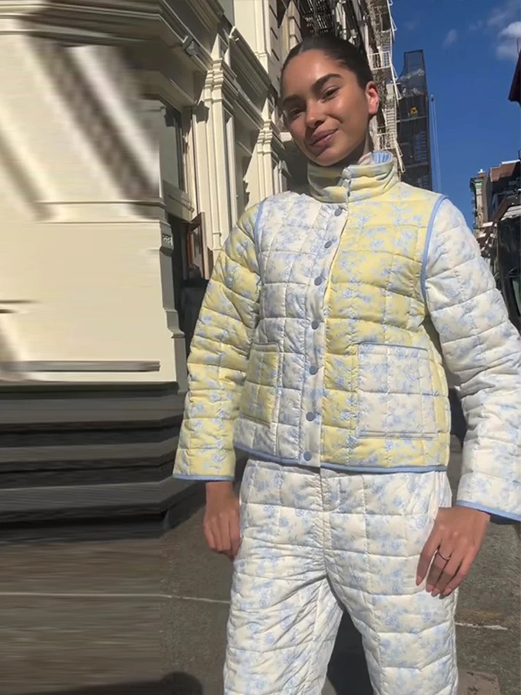 Casual Quilted Detachable‑Sleeve Printed Puffer Set Button‑Up 2026 Winter Women Padded Warm Lady Cotton‑Padded Tracksuit Street