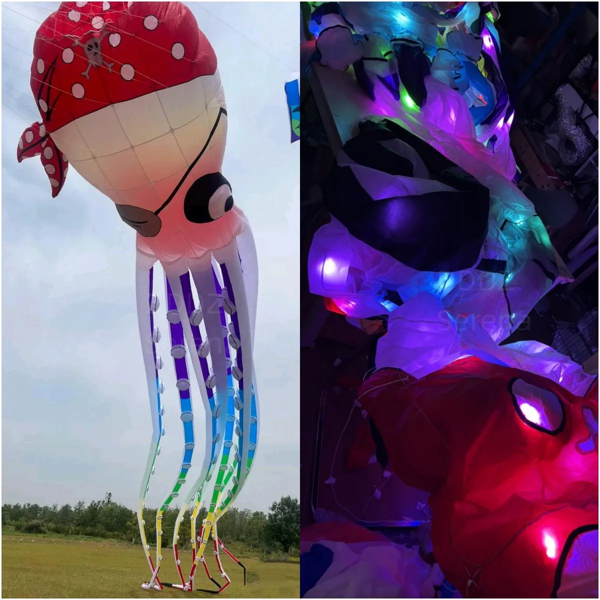 DDDZ 20m LED pirata pulpo noche volando cometa Ripstop tela de nailon línea colgante de lavandería grande suave inflable gran espectáculo cometa