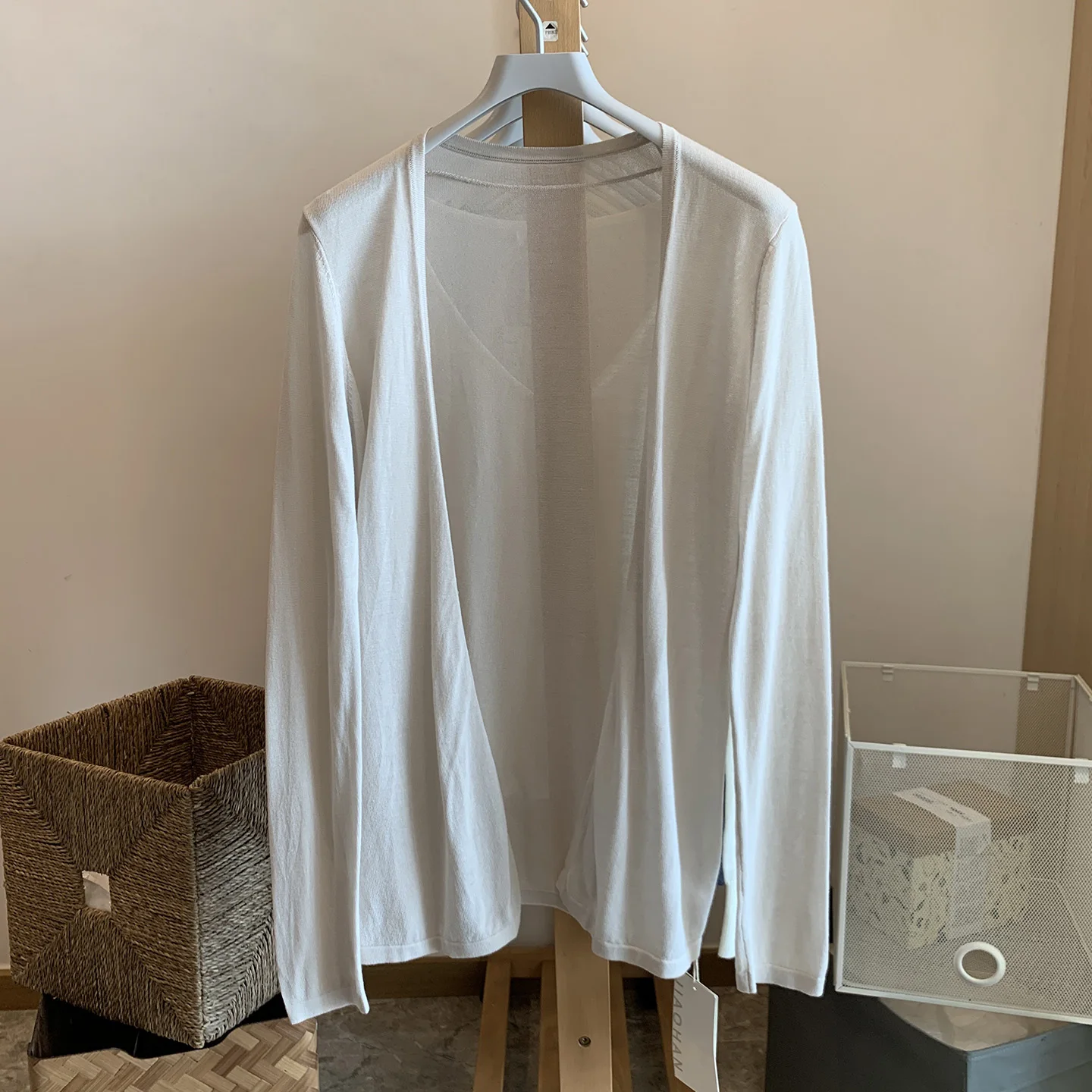 Autumn Long Thin V-Neck Cashmere Knitted Open Cardigan Women's Casual Style Straight Tube Top Transparent Cover up Shirt
