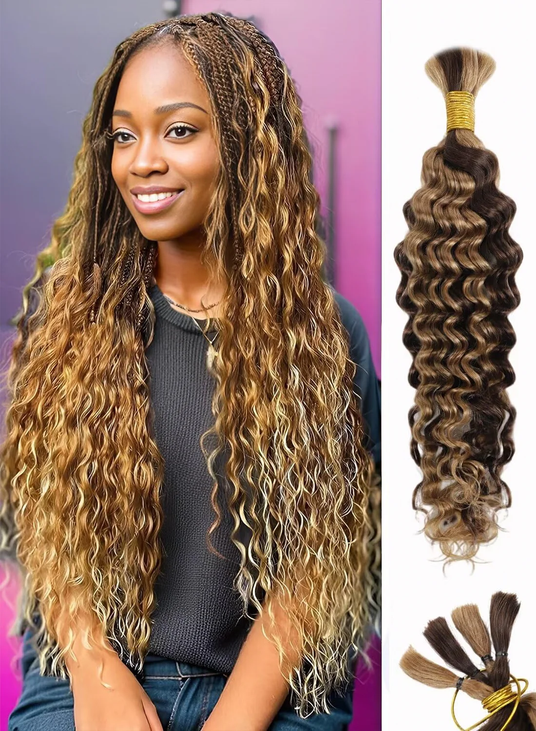 Ombre Human Braiding Hair 1 Bundle 50g 22 Inch P4/27 Deep Wave Honey Blonde Braiding Hair Highlight 100% Human Hair