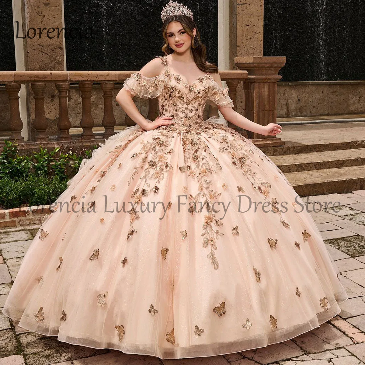 Quince anera Kleid süße 16 Ballkleid von der Schulter 3d Blumen Prinzessin Luxus formale Applikation Perlen Vestidos de XV Anos