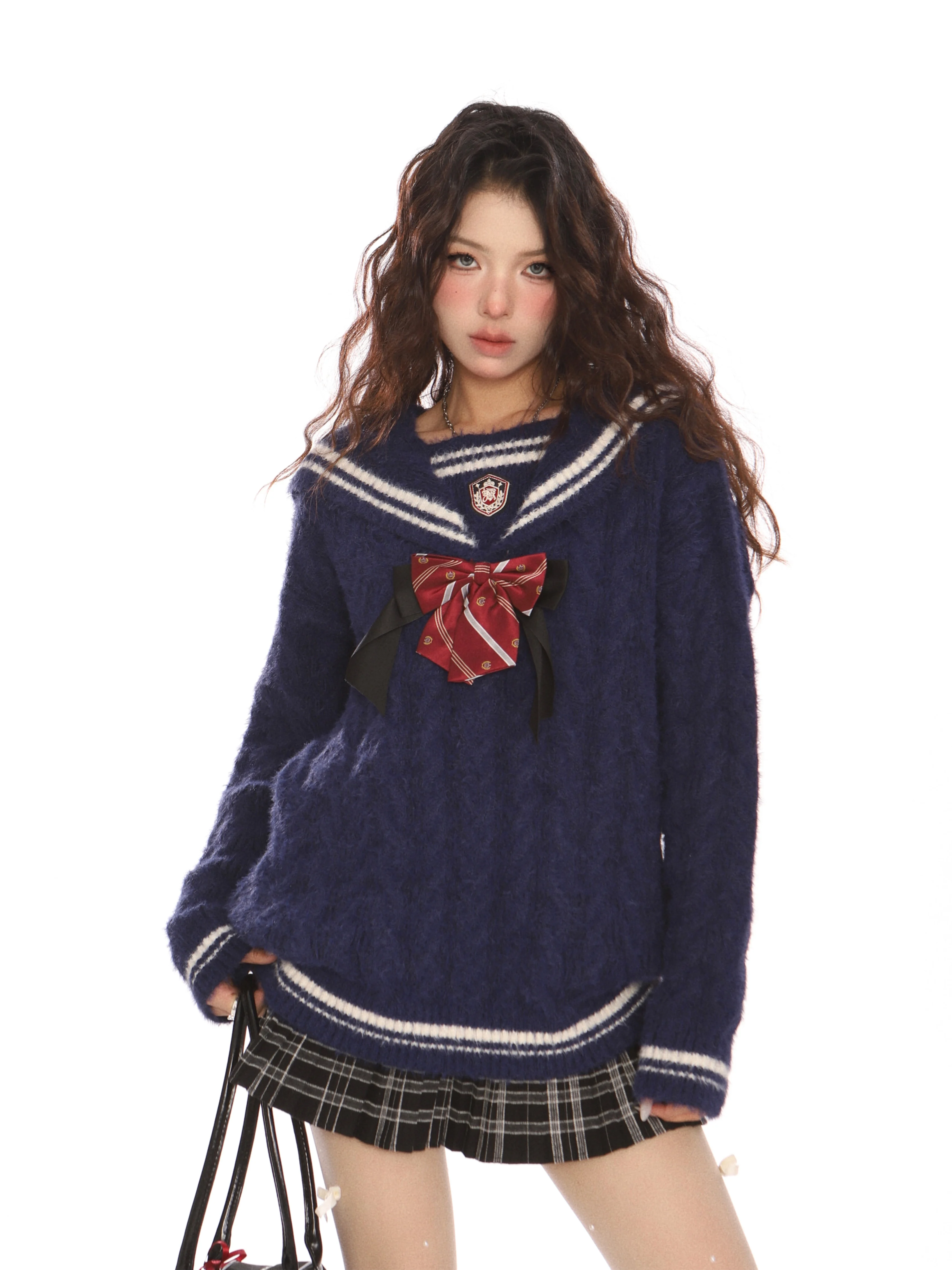 秋冬新作ホットセールカレッジスタイルレディースルーズカジュアルボウネイビーカラーオフホワイトブルーストライプニットセーター