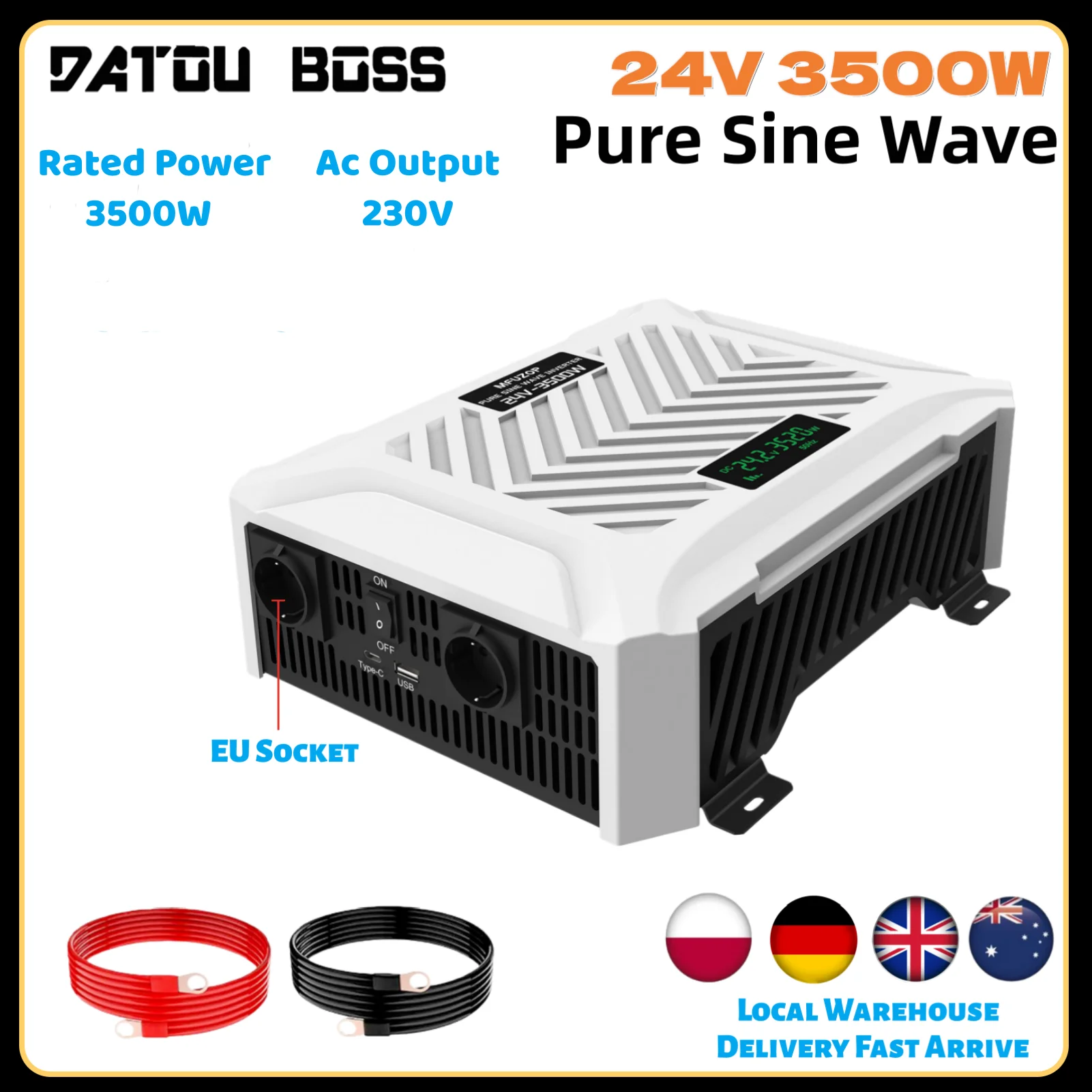 DATOUBOSS 24V DC a 230V AC 3500W Inverter sinusoidale puro con convertitori display per laptop Compressore Campeggio RV Viaggi all'aperto
