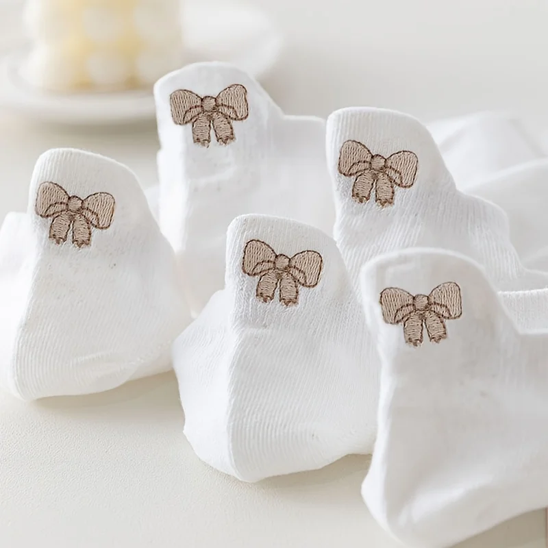 

5 Pairs of Fashionable and Exquisite Embroidered Bow Women's White Short Socks Daily Comfortable Breathable and Casual Socks