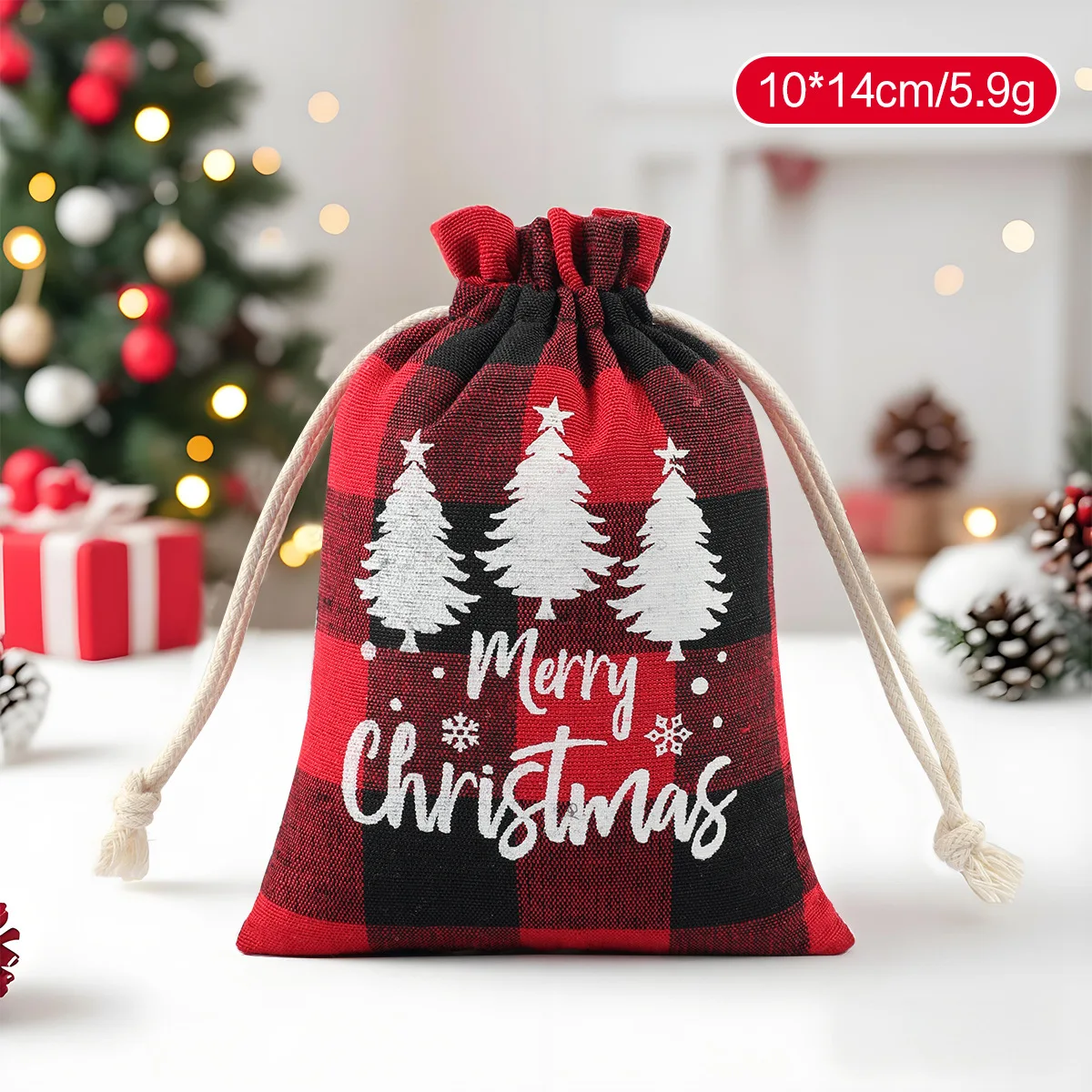 Christmas Plaid Cotton Drawstring Pouch Christmas Candy & Cookie Storage Pouch Christmas Gift Bag Jewelry Packaging Bag