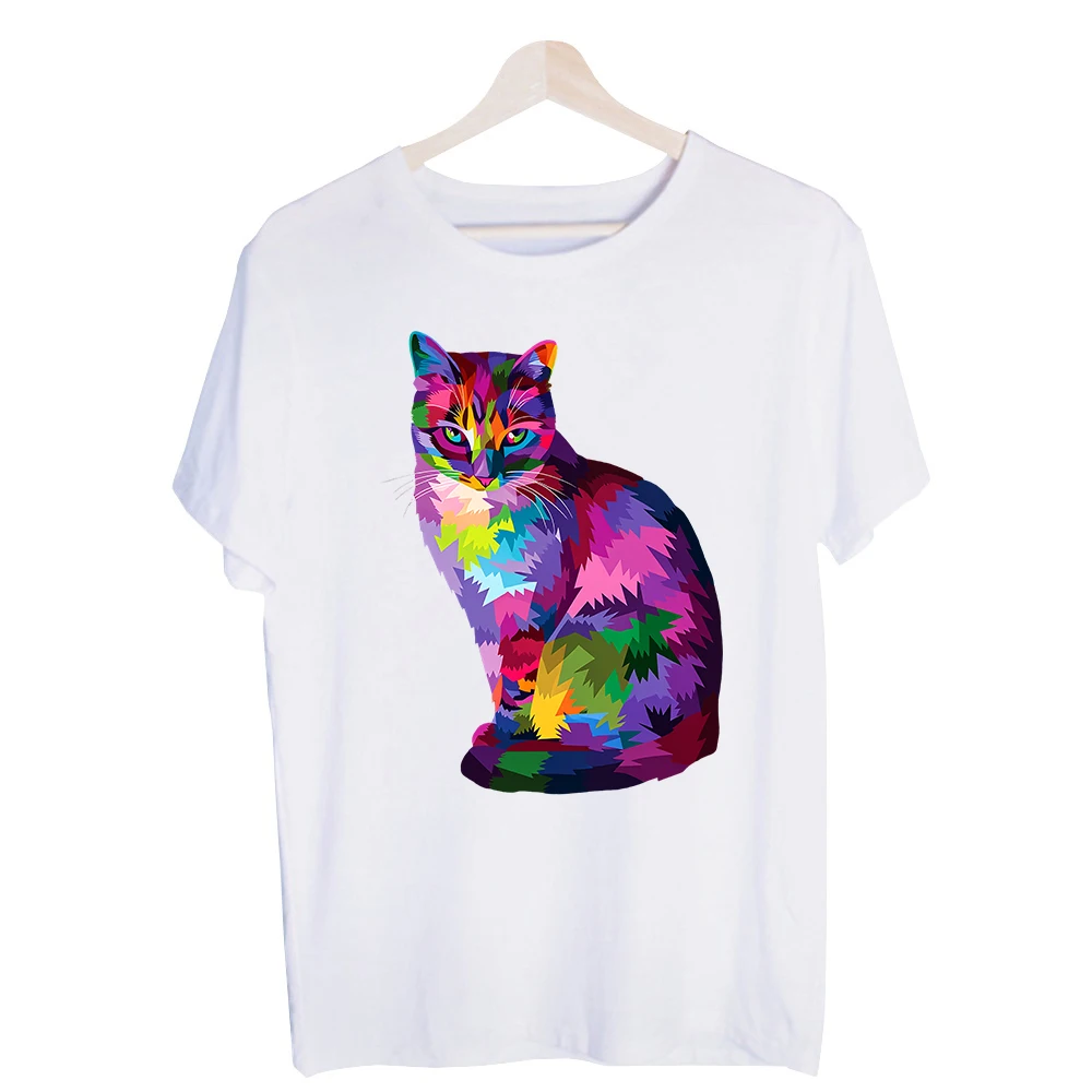 Men's Colorful Cat Graphic Tee, Short Sleeve Crew Neck T-Shirt for Artistic Casual and Daily Wear