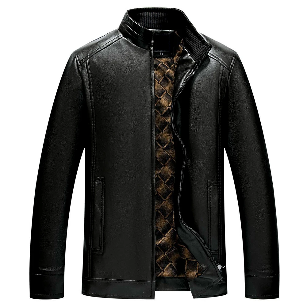 Black Fleece Lined Stand Collar Jacket for Men Imitation Leather Material Long Sleeve Regular Fit Outerwear Coat