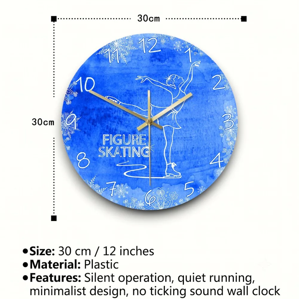 Blue Ice Figure Skating Wall Clock Watercolor Skater Girl Silent Quartz Watch Girls Room Bedroom Decor Skater Ice Skating Gift