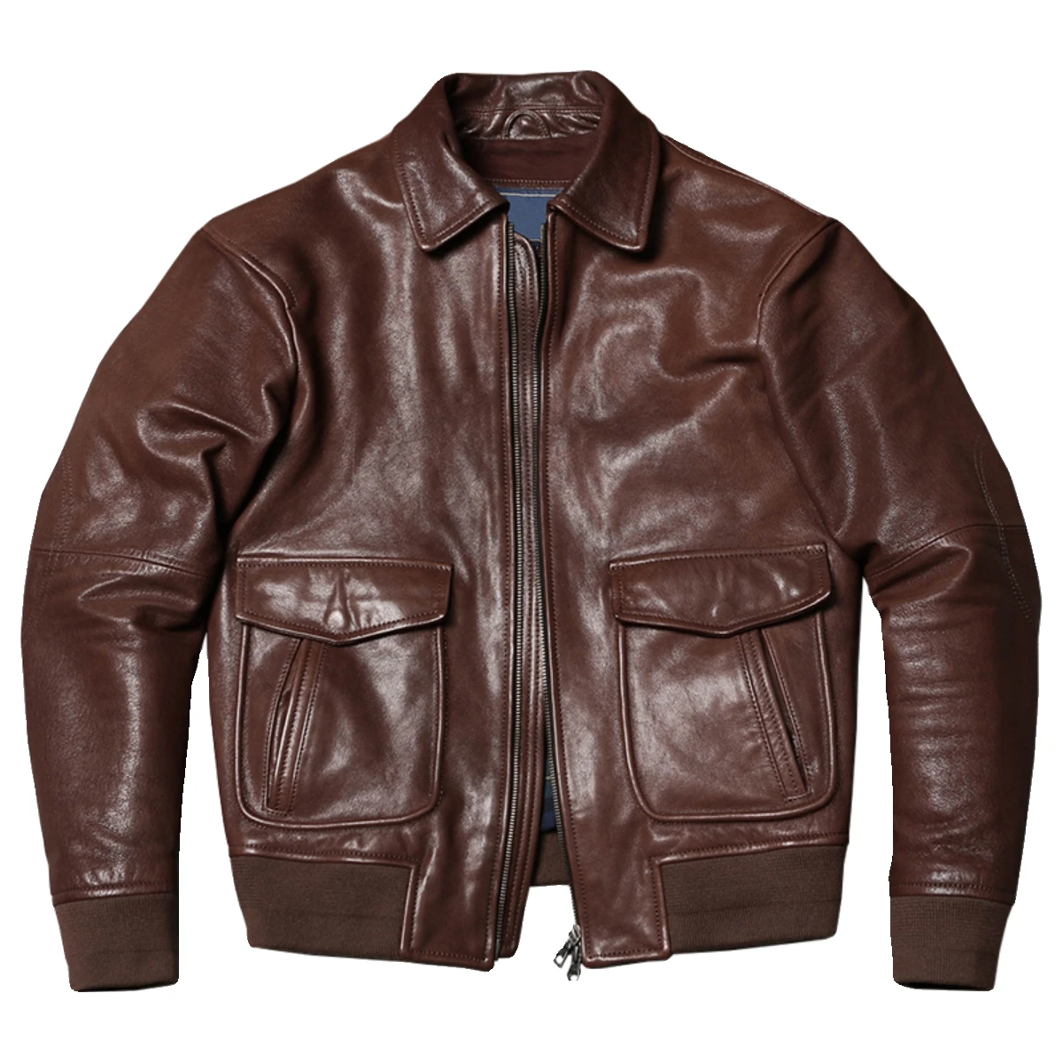 Men's Genuine Sheepskin Leather Flight Jacket Chocolate Brown A-2 Style Zip Pilot Bomber Coat With Flap Pockets Rib Knit Hem