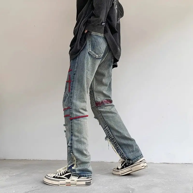 Torn Male Cowboy Pants Broken Ripped Trousers Korean Fashion Casual Luxury Grunge Y2k 2025 Xs Embroidery Men's Jeans with Holes