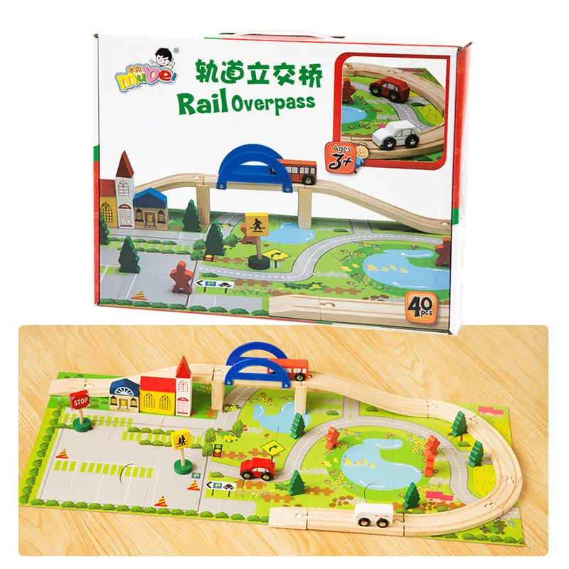 2024 New Interesting Urban Rail Overpass Traffic Scene Combination Wooden Toy Train Building Block Building Sensory Training