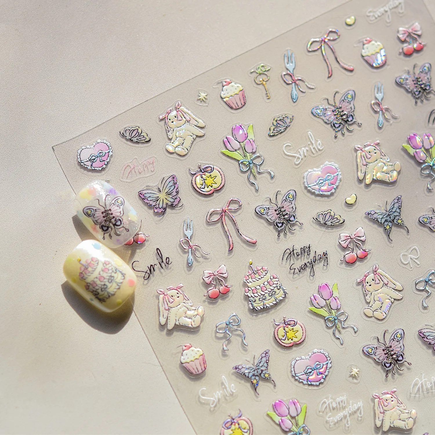 

Cute Animals Bear Dog Cake Sweet Cherry Grid Bowknot Star Line Fruit Relief Self Adhesive Nail Art Stickers 5D Manicure Decals