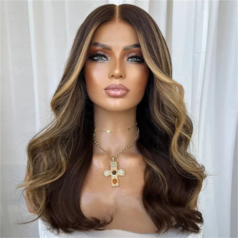 

Синтетический парик 13x4 Ombre с темно-коричневыми прядями, HD-кружевной фронт, высокое качество, без клея, оптовая цена от производителя, средняя длина